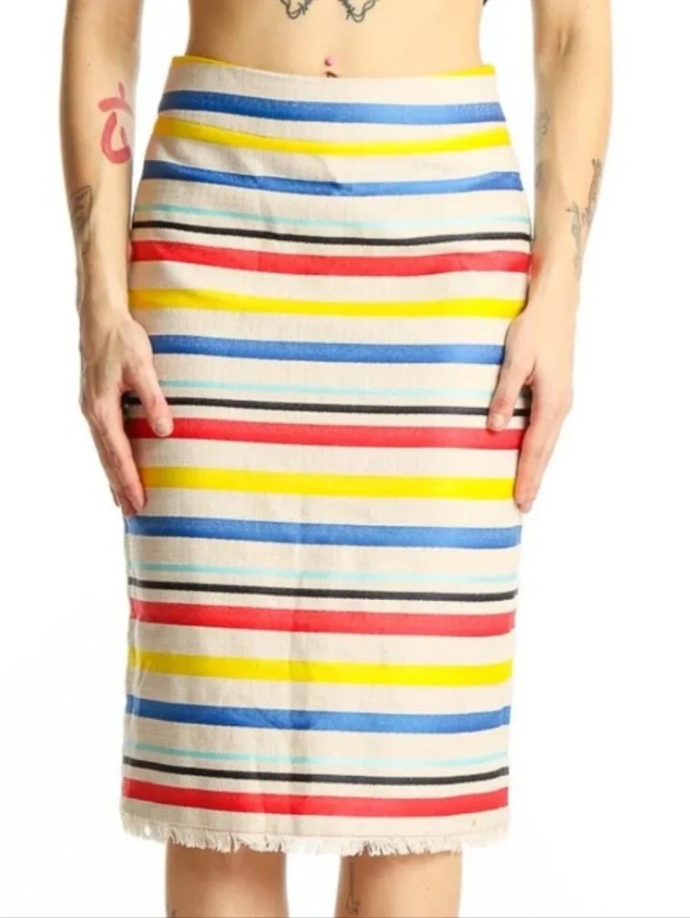 J Crew Striped Pencil Knee Skirt Fringe Red Yellow Blue Cream Lined 4 Back Slit